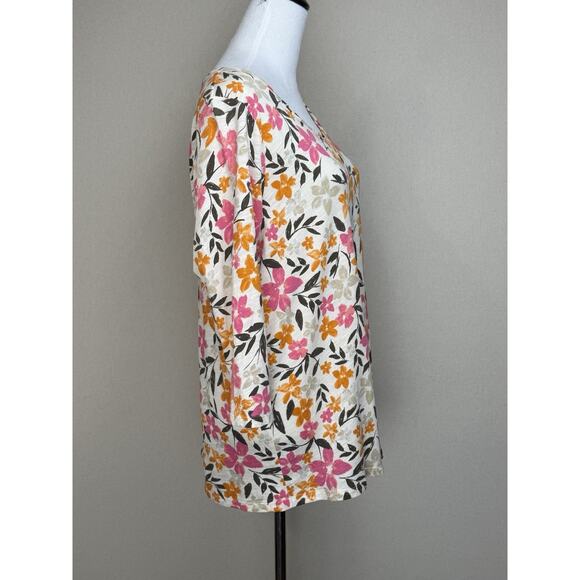 J.Jill Women's Plus Sz 1X Cream Floral Printed Top 100% Cotton 3/4 Sleeves - Picture 4 of 12